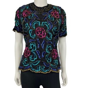 100% Silk Papell Boutique Evening Vintage Beaded & Sequined Top Size PS